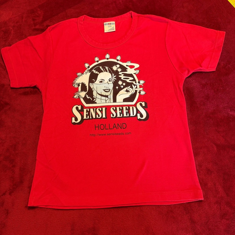 Vintage Jerzees Sensi Seeds Holland Red Graphic T-Shirt Mens Small 310 Logo‎ Tee